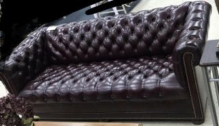 Vintage Hancock & Moore Chesterfield Sofa Tufted Button Red Oxblood Leather