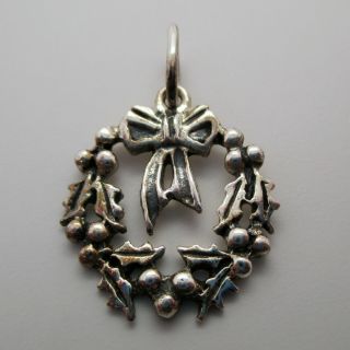 Vintage Wreath Charm For Bracelet Sterling Silver Christmas Gift Holly Berry Bow