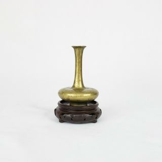 Antique Chinese Or Japanese Miniature Bronze Vase On Carved Wood Stand