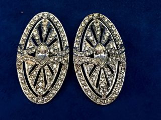 Art Deco Vintage Oval Shape Earrings Silver Tone Rhinestone Clip On
