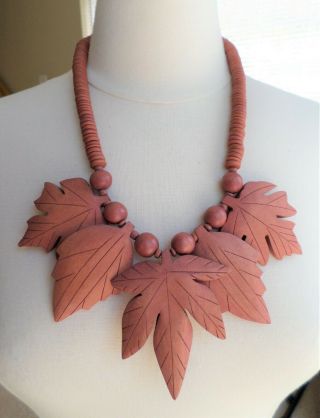 Vintage,  Handcrafted And Hand Carved,  Wooden Leaves Necklace.