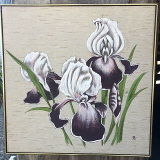 Vintage Silk Painting Iris Signed Rc 37x37 Framed Retro Goodness Nr