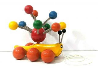 Vintage Kouvalias Greece Wooden Pull Toy Colorful Banana Slug Snail Caterpillar