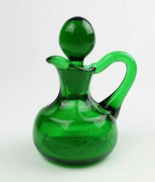 Vintage Green Glass Vinegar Cruet,  Decater,  Bottle Etched W/glass Stopper