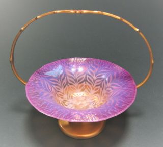 Lct Tiffany Furnaces Favrile Pastel Glass W/etched Butterfly Gilt Basket Ca.  1918