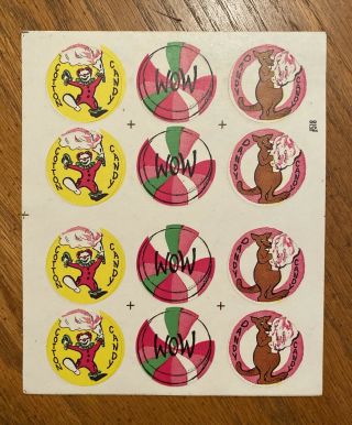Vintage Scratch & Sniff Sticker Sheet Cotton Candy Clown Kangaroo Candy 70s 80s