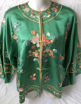 Vintage Chinese Hand Embroidered Flowers Short Green Silk Robe Jacket