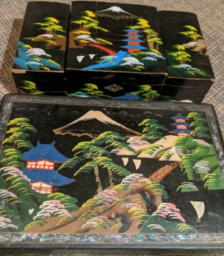 2 Vintage Japanese Black Lacquer Jewelry Music Box Japan Landscape Fuji Inlay