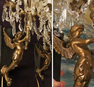 Pr Sconce 5lite Antique Deco Spelter Nude Mermaid Crystal Brass Bronze Lamp Lady