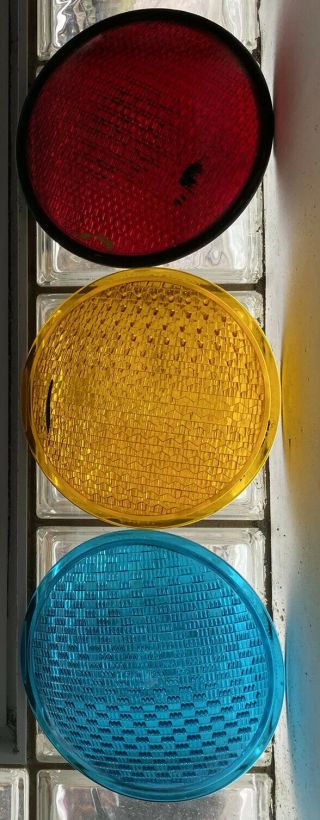 3 Traffic Light Signal Lens 8 - 3/8” Vintage Glass Lens Red Yellow Green