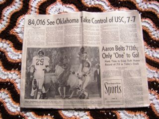 9 - 30 - 73 Los Angeles Times Newspaper - Hank Aaron Home Run 713