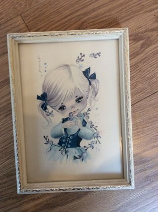 Kitsch Retro Big Eye Picture Girl With Birds - 1950/60’s Framed & Signed