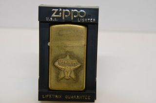 Solid Brass Marlboro Country Store Zippo Lighter Slim Usa Vll Bull Star W Box