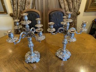 GORGEOUS PAIR LARGE SPANISH STERLING SILVER 925 CANDELABRA&CANDLESTICKS 5 LIGHTS 2