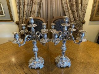 GORGEOUS PAIR LARGE SPANISH STERLING SILVER 925 CANDELABRA&CANDLESTICKS 5 LIGHTS 3