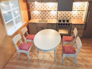 Vintage Lundby Sweden Dollhouse Furniture Table,  Chairs For Kitchen Dining Room