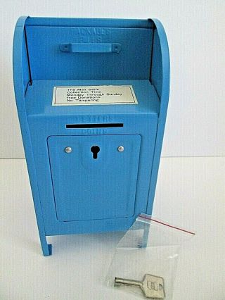 Vintage U.  S.  Mail Light Blue Mailbox 7 1/2 " Metal Coin Bank W/ Key Looks