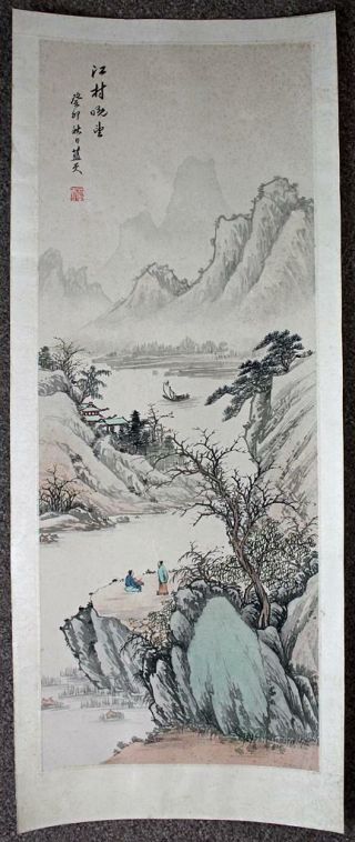 Antique Chinese Silk Scroll Painting Mountain & River C1920 Signed