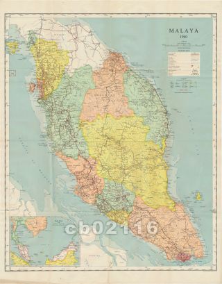 Vintage 1960 Orig.  Map Of Malaya Singapore Surveyor General Federation Of Malaya