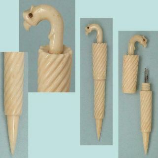 Antique Carved Bone Parasol / Umbrella Needle Case & Stiletto Circa 1890
