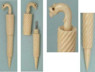 Antique Carved Bone Parasol / Umbrella Needle Case & Stiletto Circa 1890 2