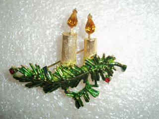 Vintage Hedison (hedy) Gold Tone Enamel And Rhinestone Christmas Candles Brooch