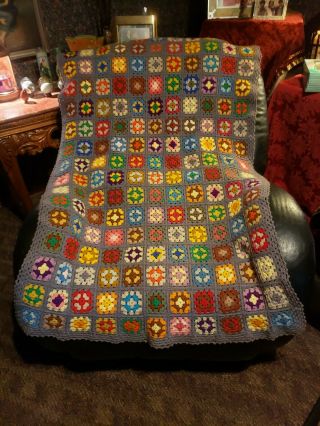 Awesome Unique Crochet Blanket Vintage Granny Squares Purple Grey Trim Afghan