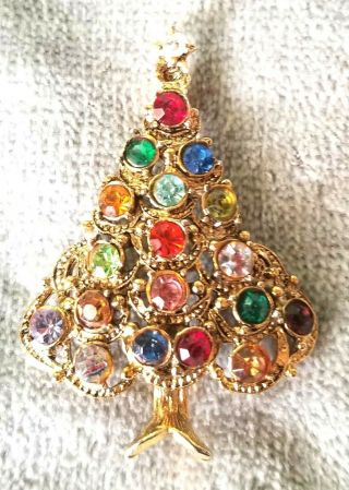 Vintage Colorful Rhinestone Christmas Tree Brooch Signed Hollycraft