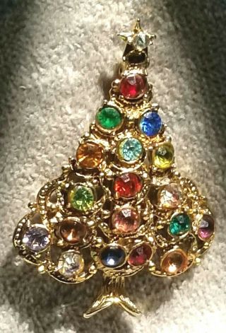 Vintage Colorful Rhinestone Christmas Tree Brooch Signed HOLLYCRAFT 2