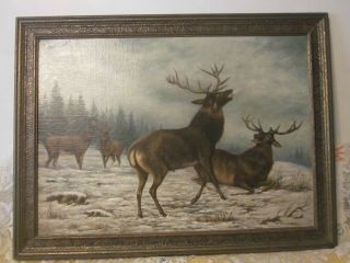 Vintage Large Elk Oil Painting " The Victoy " Artist Signed