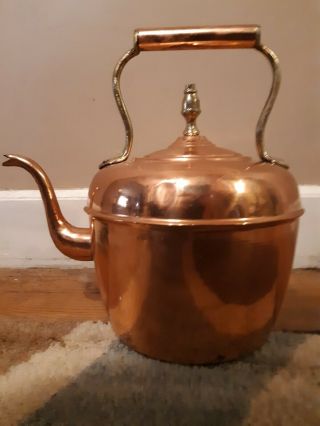 Vintage Large Solid Copper Gooseneck Spout Tea Pot Kettle Brass Handle 12.  5 "