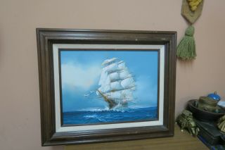 Vintage Signed Nautical Clipper Ship Boat Oil On Canvas Painting Framed