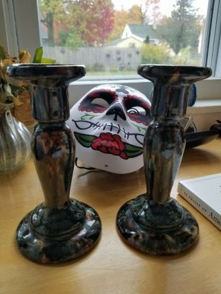 Vintage Brush Mccoy Onyx Drip Glaze Art Pottery Candlesticks Candle Holders 030