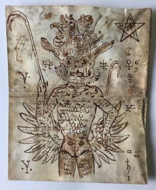 Antique 14th Century Talisman Magic Amulet Manuscript Demon / Satan On Parchment