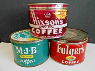 Vintage Hixsons,  Folgers,  Mjb Coffee One Pound Round Tin Cans