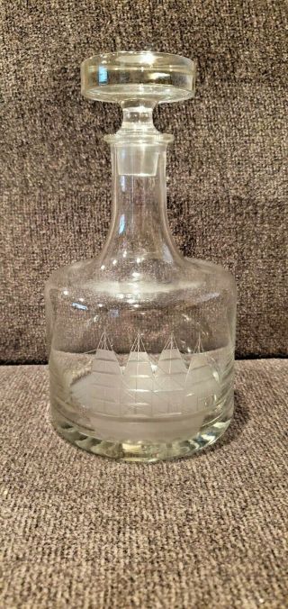 Vintage Clear Glass Decanter Etched Clipper Ship / Boat / Nautical Romania