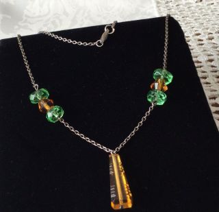 Vintage Art Deco Green & Orange Etched Glass Drop Czech Necklace C1930’s
