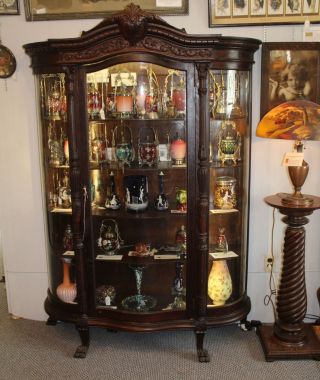 Antique Large Oak Curved Glass Curio China Cabinet – Finish