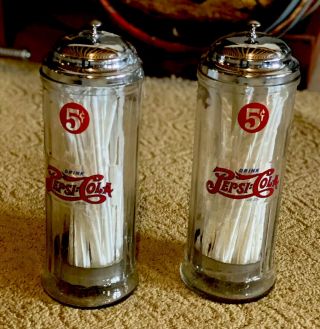 Two Vintage Pepsi - Cola 5 Cent Straw Dispensers Holder Chrome Top 1800 