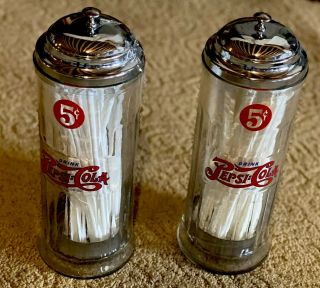 Two Vintage Pepsi - Cola 5 Cent Straw Dispensers Holder Chrome Top 1800 ' s Company 3