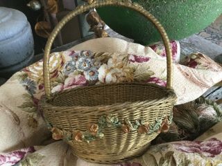 Antique Vtg Gold Gilt Wicker Easter Basket W Barbola Gesso Roses Garlands Swags
