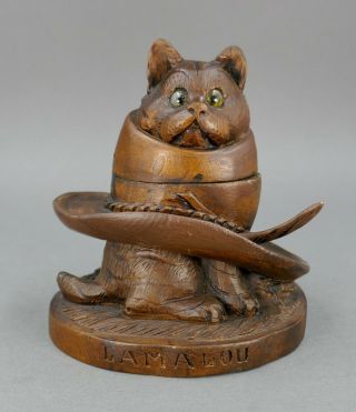 Fine Antique French Forest Carved Wood Cat & Hat Lamalou - Les - Bains Inkwell