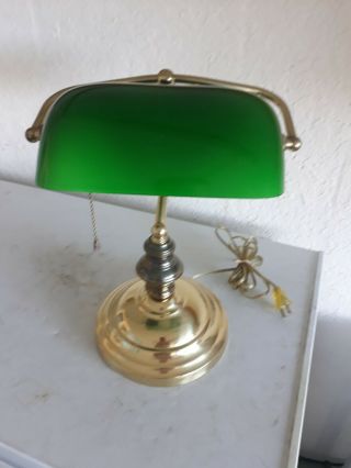 Vintage Brass Bankers Desk Lamp W / Green Glass Shade