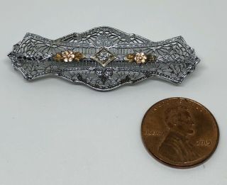 Antique Vintage Art Deco Bar Pin Brooch 10k White Gold Filigree Diamond 3.  95g