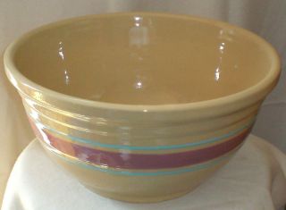 Vintage Watt Pottery Stoneware Pink And Blue Ringed 12 " Mixing Bowl