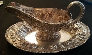Incredible Stieff Sterling Silver Repousse Pattern Gravy Boat & Tray
