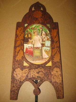 Antique Vintage Victorian Christmas Print In Pyrography Easel Frame With Holly