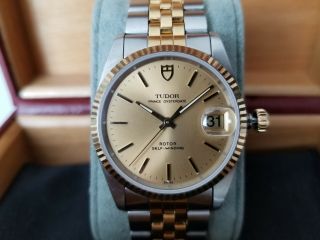 Tudor Prince OysterDate 74033 34mm Champagne 18K Sapphire Serviced by Rolex 2018 3