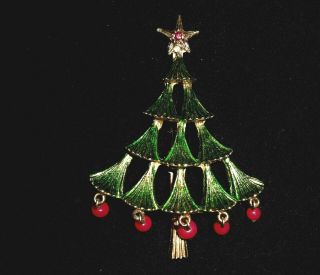 Vintage Christmas Tree Gold Toned Pin Unsigned Red Dangling Balls Red Rhinestone