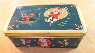 Vintage Norwegian Christmas Tin With Santa Pulled By A Fish Norway & Hinged Lid